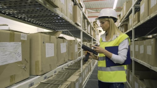 Lagerarbeiterin überprüft Fracht in Regalen