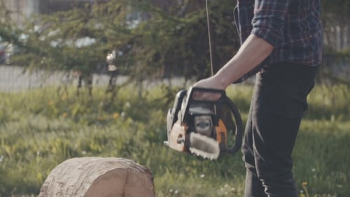 Young Man Cutting Wood With Chainsaw In Yard
