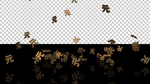 Falling Gold Yuan Symbols Animation on Reflective Surface
