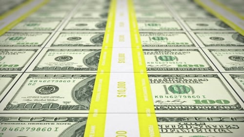 Moving Rows of US 100 Dollar Bill Stacks