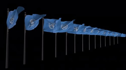 United Nations Flags Waving in a Line