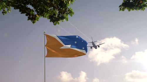 Realistic Flag Waving with Airplane Flying Over Modern City