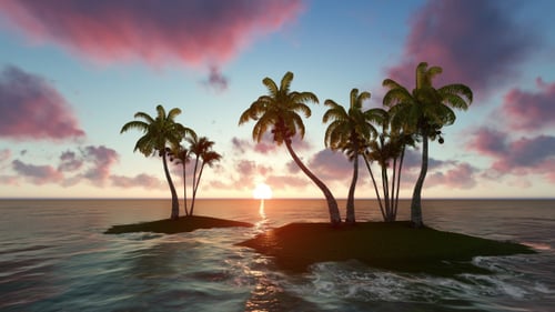 Tropical Island Sunset with Palm Trees and Ocean Waves