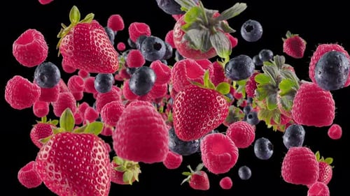 Fresh Mixed Berries Falling with Water Drops on Black Background