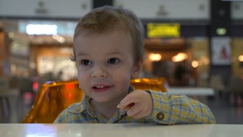 Young Boy Eating French Fries at the Food Court