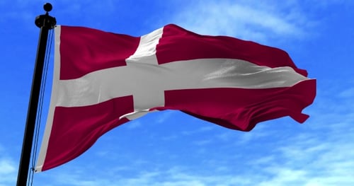 Realistic Denmark Flag Waving Against Blue Sky
