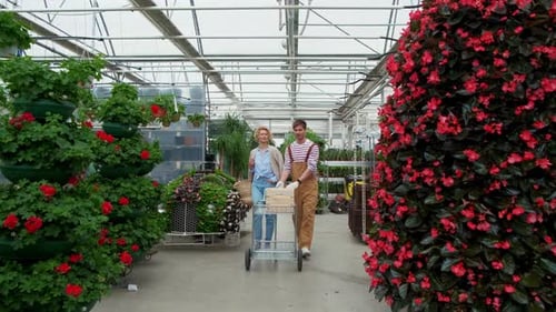 Curly Blonde Woman Shopping for Decorative Plants on Floristic Greenhouse Market
