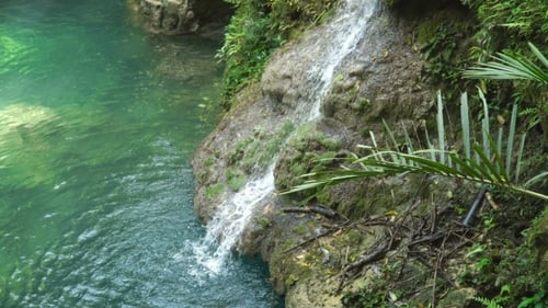 Waterfall Cascading into Tropical Pool of Water