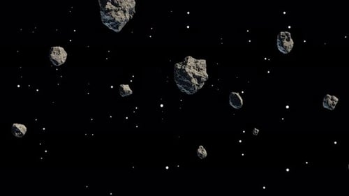 Animation von kleinen und großen Asteroiden, die in Galaxien treiben, und Sternen im Hintergrund