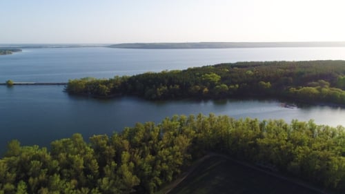 Flying Over the Beautiful Spring River. Aerial Camera Shot. Ukraine.