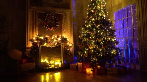 Illuminated Christmas Tree and Fireplace in Room