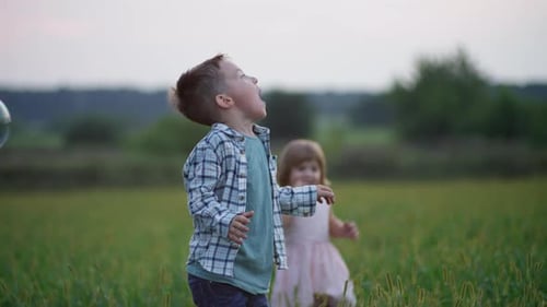 Happy Children Play with Soap Bubbles in the Park
