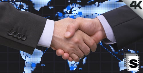 Global Agreement Handshake on Futuristic World Map