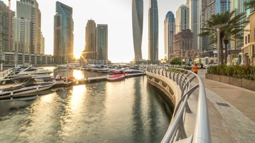 Beautiful Sunset View at Dubai Marina Skyscapers in Dubai, UAE