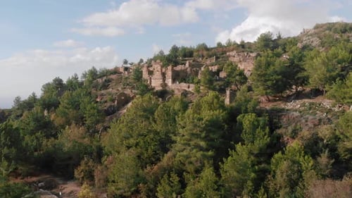 Ruins of ancient city walls. Old antique city Syedra, Turkey.