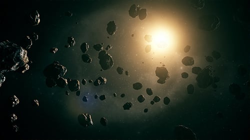 Asteroid Field With Bright Star In Deep Space