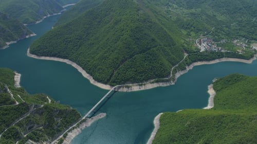 Aerial View of Famous Piva Canyon with Its Fantastic Reservoir.