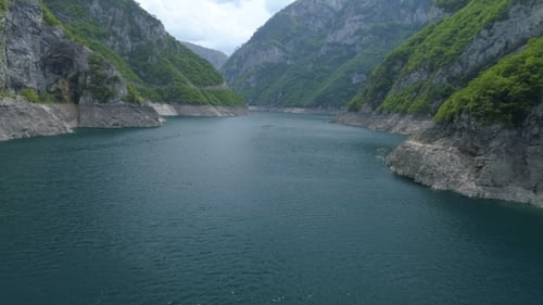Aerial View of Famous Piva Canyon with Its Fantastic Reservoir.