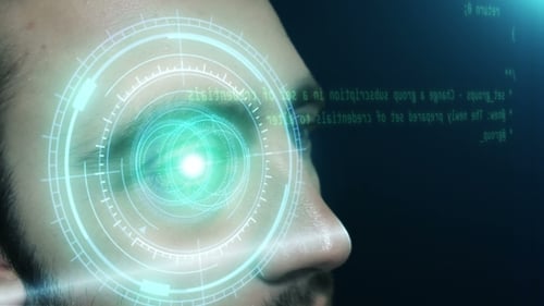 Man Working on sciFi Digital Hologramic Interface.