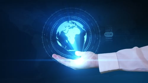 Un hombre de negocios sostiene un holograma
