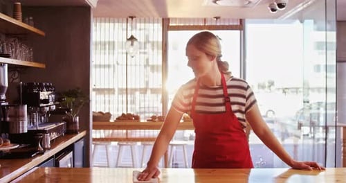 Woman Wipes Counter in Bright Cafe Setting