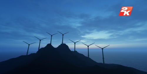 Animated Wind Turbines on Coastal Hill for Green Energy