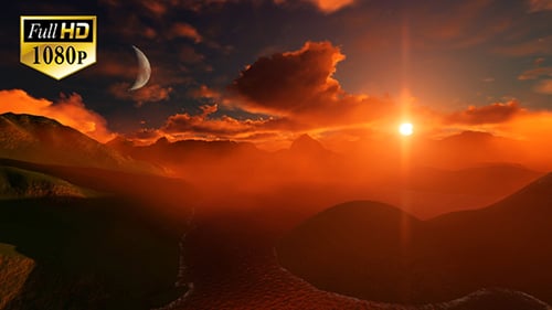 Bei Sonnenuntergang über Berge fliegen