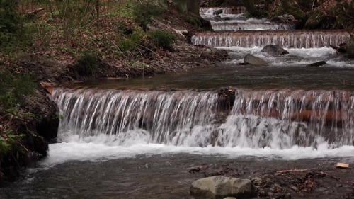 Mountain River with Waterfalls and Rapids Flowing Between Rocky Banks