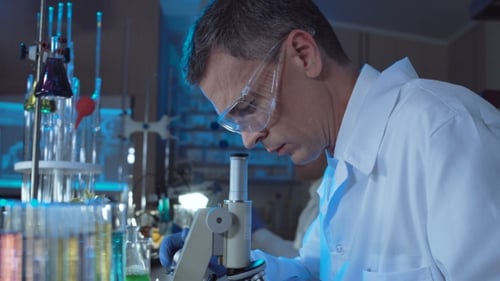 Scientist Examining Specimens Under a Microscope in Lab