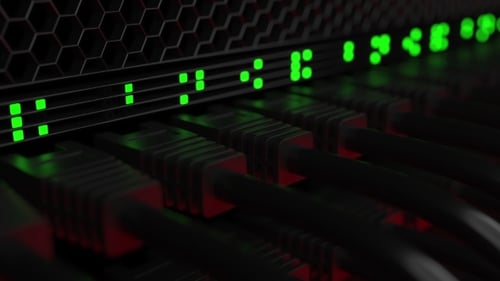 Animated Network Server with Blinking Data Lights and Connected Cables