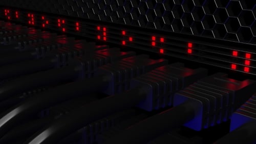 Futuristic Network Server Rack with Blinking Data Lights