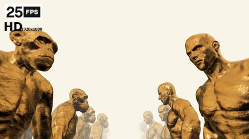 Golden Ape and Human Sculptures Facing Evolution Concept