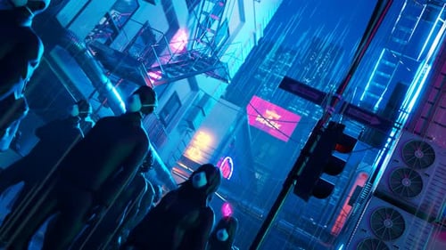 Creepy people wearing FFP3 masks walking in the night along a rainy city street.