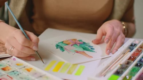 Woman Painting Watercolor at Home Art Studio