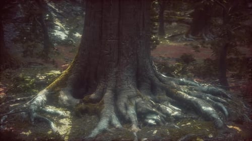 Old Trees with Lichen and Moss in Green Forest