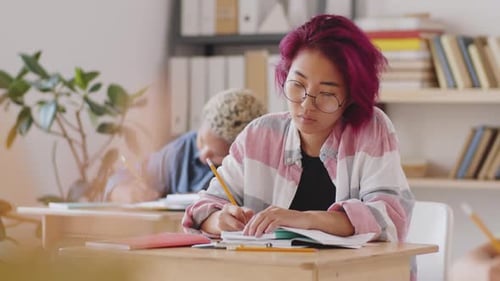 Young Student Writes in a Classroom at Desk