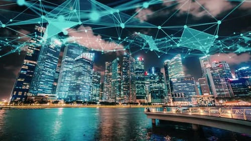 Futuristic Cityscape at Night with Technology Network