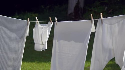 Panning shot of white laundry drying outdoors on clothesline between trees in garden ,close up