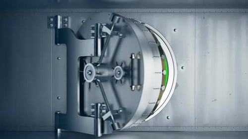 Bank Vault doors opening with a green screen inside. Safe for money, gold.