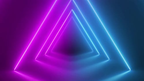Flying through the neon glowing pink-blue triangular geometric endless tunnel.