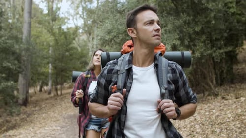 Couple Hiking Through the Forest on a Sunny Day