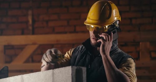 Construction Worker Talking on Phone at Indoor Workplace