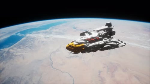 Futuristic Spaceship Flies Above Earth in Space