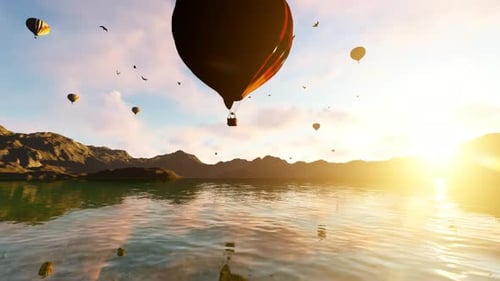 Scenic Hot Air Balloons Flying Over Lake Mountains at Sunrise