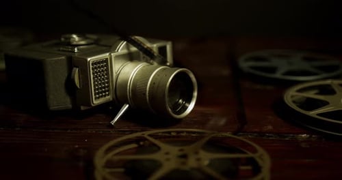 Vintage Camera and Film Reels Close Up