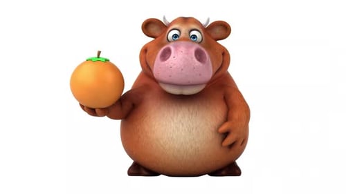 Funny 3D Animated Cow Character Holds Orange and Waving