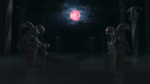 Halloween Night with Eerie Gargoyles and Blood Moon
