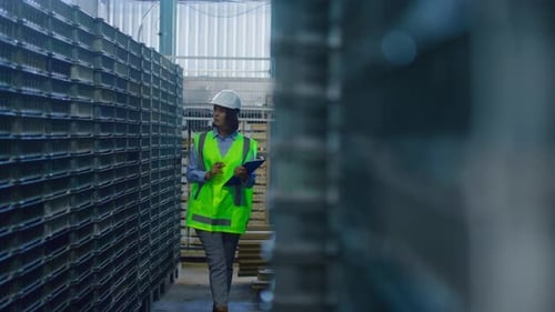 Female Warehouse Supervisor Inspecting Blue Supply Boxes Analysing Shipment