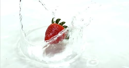 Red Strawberry Splashing into Clear Water