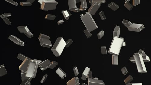 Endloser Regen von Neun-Volt-Batterien auf dunklem Hintergrund